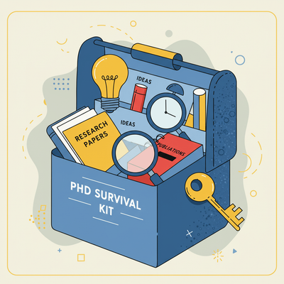 Flat design illustration of a PhD student’s survival kit, featuring a toolbox with essential tools labeled